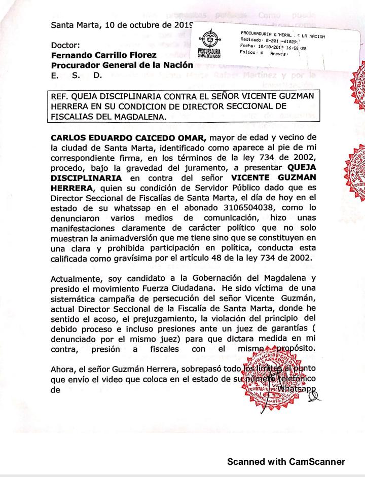 Ante Procuraduría, Carlos Caicedo presentó queja disciplinaria contra director Seccional de Fiscalías del Magdalena por presunta participación en política